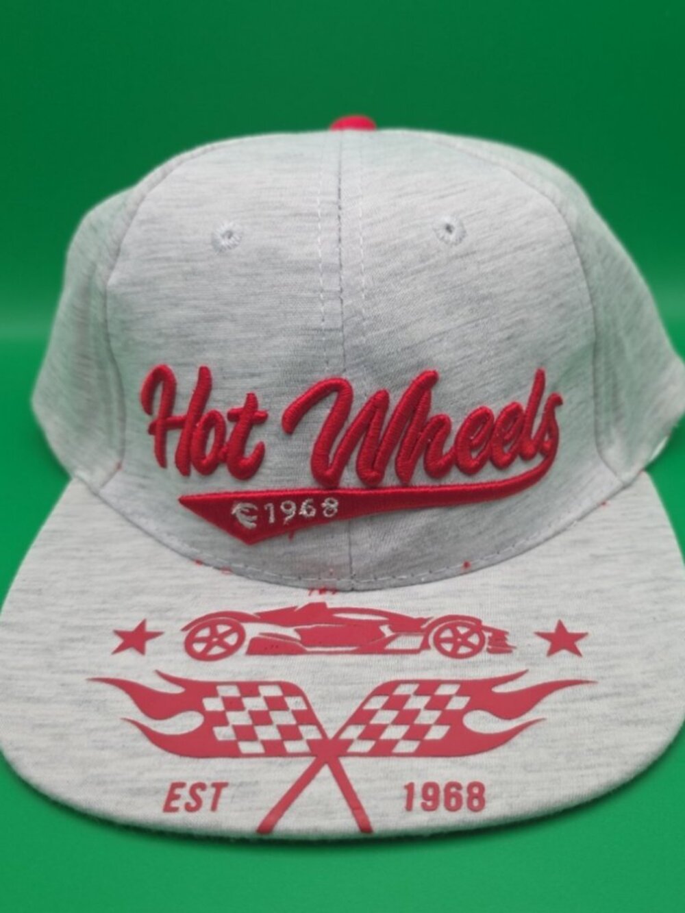 Hot Wheels Flat Brim Youth Baseball Hat Gray Red Adjustable Cap Embroidered